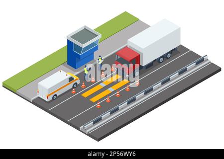 Isometric loaded trailer truck on weighbridge. Weighing control platform. Container car on the weighing scale. Cargo transport, Truck trailer with Stock Vector