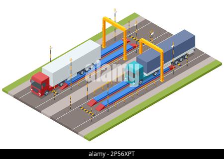 Isometric loaded trailer truck on weighbridge. Weighing control platform. Container car on the weighing scale. Cargo transport, Truck trailer with Stock Vector