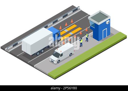 Isometric loaded trailer truck on weighbridge. Weighing control platform. Container car on the weighing scale. Cargo transport, Truck trailer with Stock Vector