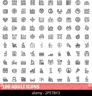 100 adult icons set. Outline illustration of 100 adult icons vector set isolated on white background Stock Vector