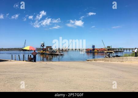 Kazungula Ferry vehicle lorry cargo,  passenger pontoon ferry across the Zambezi River between Botswana and Zambia. Africa Stock Photo