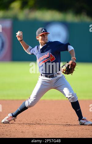 Michael Chavis (1) of Sprayberry High School in Marietta, Georgia playing  for the Atlanta Braves scout team during the East Coast Pro Showcase on  July 31, 2013 at NBT Bank Stadium in