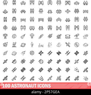 100 astronaut icons set. Outline illustration of 100 astronaut icons vector set isolated on white background Stock Vector