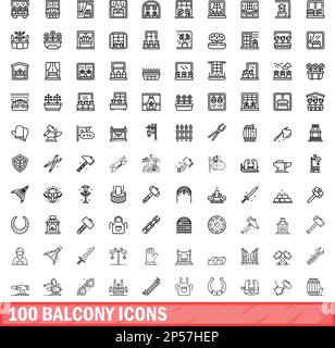 100 balcony icons set. Outline illustration of 100 balcony icons vector set isolated on white background Stock Vector