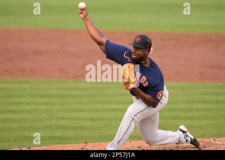 Houston Astros relief pitcher Ronel Blanco looks skyward after a double  play ball during the ninth inning of a baseball game against the San  Francisco Giants, Tuesday, May 2, 2023, in Houston. (