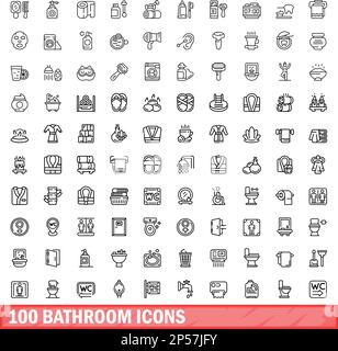 100 bathroom icons set. Outline illustration of 100 bathroom icons vector set isolated on white background Stock Vector