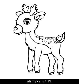 Enjoy coloring our hand-drawn black and white page featuring a cute baby deer, perfect for a coloring book. Vector illustration. Stock Vector