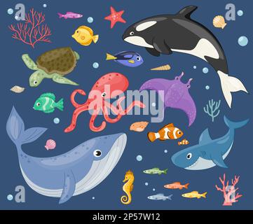 Set of cute underwater characters Stock Vector