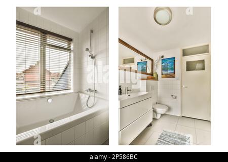 Amsterdam, Netherlands - 10 April, 2021: a bathroom with white tiles on the walls, and an image of a bathtub in the corner of the room Stock Photo
