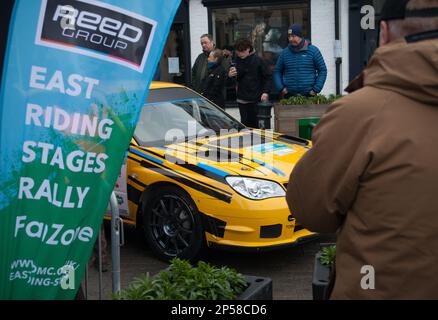 Competitor cars at Reed Group East Riding Stages Rally at start, Beverley’Saturday Market on Sunday 26 February Stock Photo