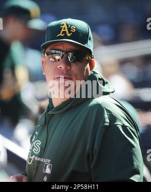 Oakland A's pitcher Bartolo Colon throws to the Seattle Mariners at O.co  Coliseum in Oakland, California on July 8, 2012. Colon is wearing a 1955 Oakland  Oaks uniform and the Mariners wore