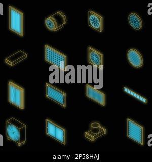 Ventilation icons set. Isometric set of ventilation vector icons neon olor on black Stock Vector