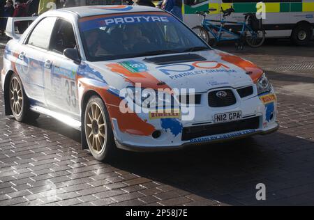 Competitor cars at Reed Group East Riding Stages Rally at start, Beverley’Saturday Market on Sunday 26 February Stock Photo