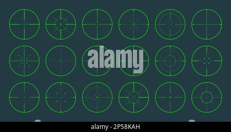 Various sniper rifle night sights, weapon optical scope crosshair. Hunting gun green viewfinder. Shooting mark symbol, aim. Military target sign. Game Stock Vector