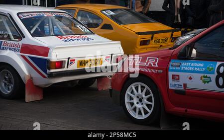 Competitor cars at Reed Group East Riding Stages Rally at start, Beverley’Saturday Market on Sunday 26 February Stock Photo