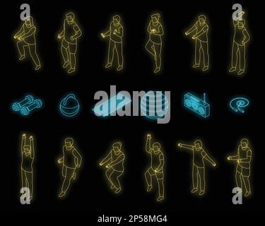 Workout seniors icons set. Isometric set of workout seniors vector icons neon olor on black Stock Vector
