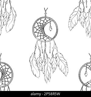 Monochrome ethnic hand made feather dream catcher seamless pattern vector. Stock Vector