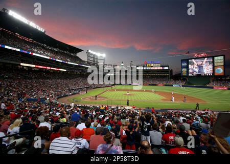 ATLANTA, GA - JULY 12: Atlanta Braves right fielder Ronald Acuna Jr. (13)  flips his bat after drawing a walk during an MLB game against the New York  Mets on July 12, 2022 at Truist Park in Atlanta, Georgia. (Photo by Joe  Robbins/Icon Sportswire) (Icon