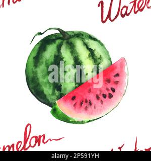 Watercolor watermelon and red slice seamless pattern vector. Stock Vector