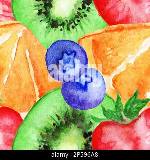 Watercolor kiwi orange strawberry blueberries fruit berry seamless pattern vector. Stock Vector