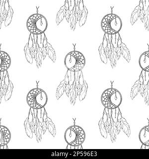 Monochrome ethnic hand made feather dream catcher seamless pattern vector. Stock Vector