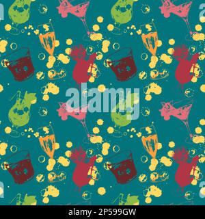 Sketched print art exotic drink alcohol cocktail seamless pattern texture background vector. Stock Vector