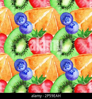 Watercolor kiwi orange strawberry blueberries fruit berry seamless pattern vector. Stock Vector