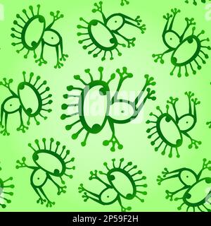 Green doodle alien frog seamless baby vector pattern background texture. Stock Vector