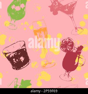 Sketched print art exotic drink alcohol cocktail seamless pattern texture background vector. Stock Vector