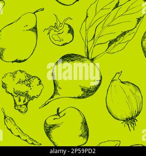 Vegetable fruit monochrome ink hand drawn seamless pattern texture background vector. Stock Vector