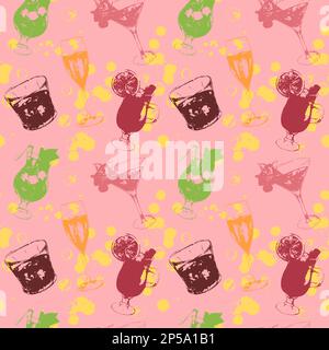 Sketched print art exotic drink alcohol cocktail seamless pattern texture background vector. Stock Vector