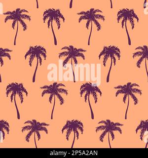 Monochrome orange violet tropical palm tree hand drawn sketch seamless pattern texture background vector. Stock Vector