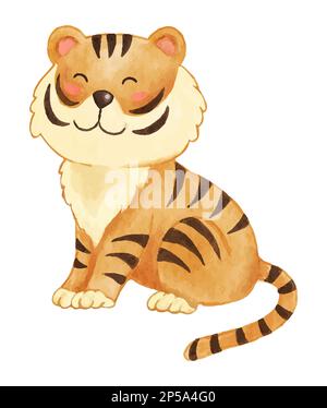 Tiger . Watercolor paint design . Cute animal cartoon character . Sit position . Vector . Stock Vector