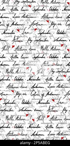 Autumn word phrase italic lettering typographic ink hand drawn monochrome black and white red art vector seamless pattern texture background. Stock Vector