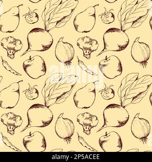 Vegetable fruit monochrome ink hand drawn seamless pattern texture background vector. Stock Vector