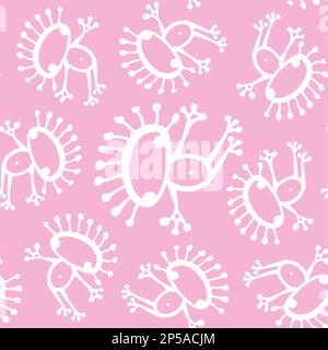 Pink white doodle alien frog baby seamless vector pattern background. Stock Vector