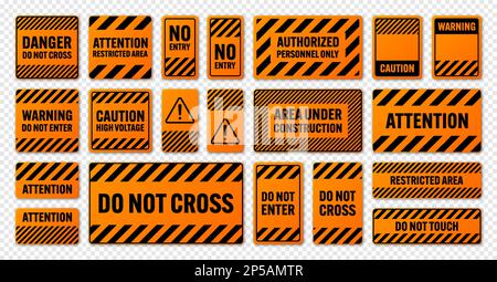 Various black and orange warning signs with diagonal lines. Attention ...