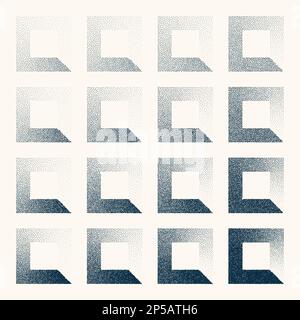 Square shaped dotted objects, vintage stipple elements. Stippling, dotwork drawing shading using dots. Halftone disintegration effect. White noise Stock Vector