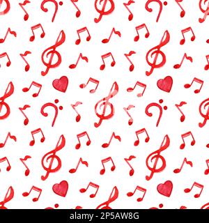 Red notes treble bass clef love music seamless pattern vector. Stock Vector