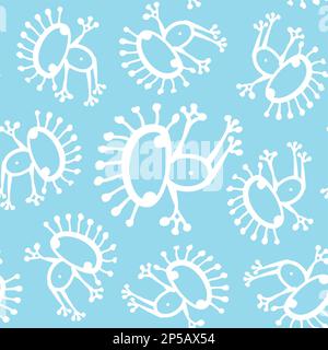 Blue white doodle alien frog baby seamless vector pattern background. Stock Vector