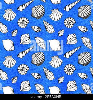 Monochrome sea shells seamless pattern texture background. Stock Photo