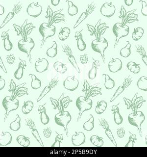 Vegetable fruit monochrome ink hand drawn set seamless pattern texture background vector. Stock Vector