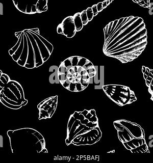 Monochrome sea shells seamless pattern texture background. Stock Photo