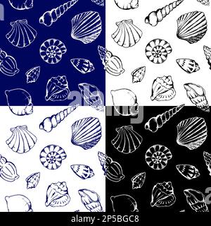 Set of monochrome sea shells seamless patterns vector. Stock Vector