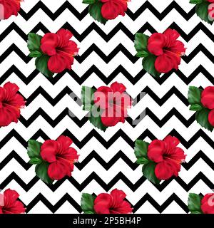 Red hibiscus karkade tropical exotic flower plant geometric seamless pattern background. Stock Photo