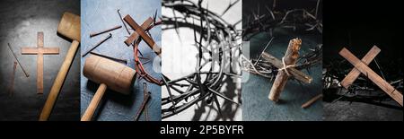 Collage for Good Friday with crosses, mallets, nails and crowns of thorns Stock Photo