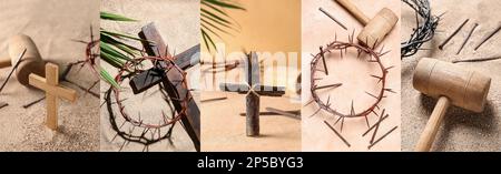 Collage for Good Friday with crosses, mallets, nails and crowns of thorns Stock Photo