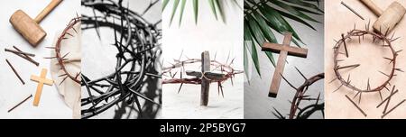 Collage for Good Friday with crosses, mallets, nails and crowns of thorns Stock Photo