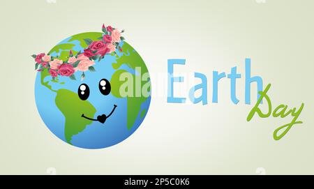 Happy Earth Day. Illustration of planet with cute smiley face and floral wreath on light background, banner design Stock Photo