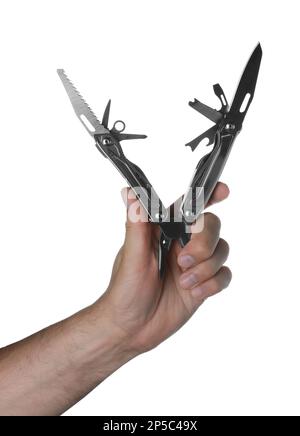 Man holding multitool on white background, closeup Stock Photo